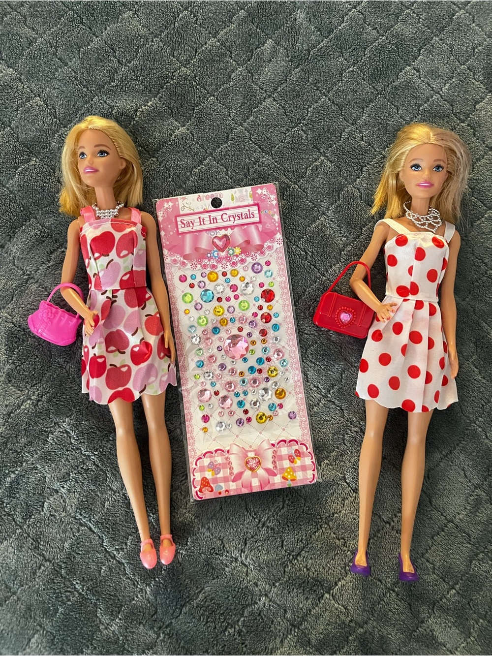Barbie Pink & Red Polka Dot and Apple Print Dress Duo with Crystal Sticker Sheet